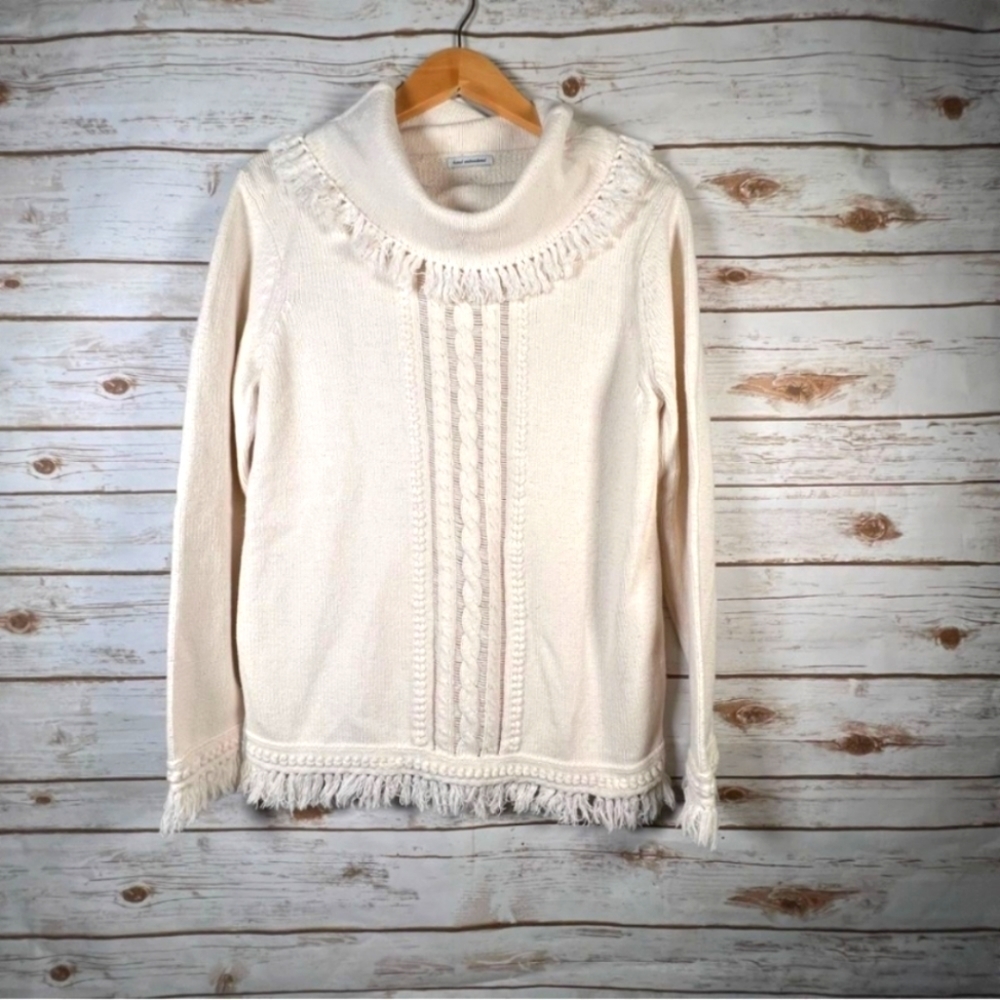 𝅺hand embroidered white knit sweater with fringe cowl neck and hem